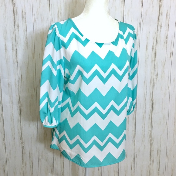 Turquoise Chevron Print Zipper Back Blouse - Picture 1 of 7